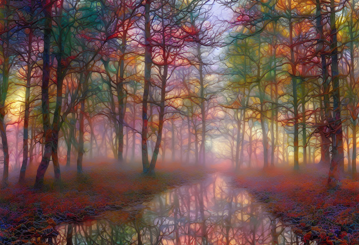 Multicolored Trees Reflecting on Serene Water in Dreamlike Forest
