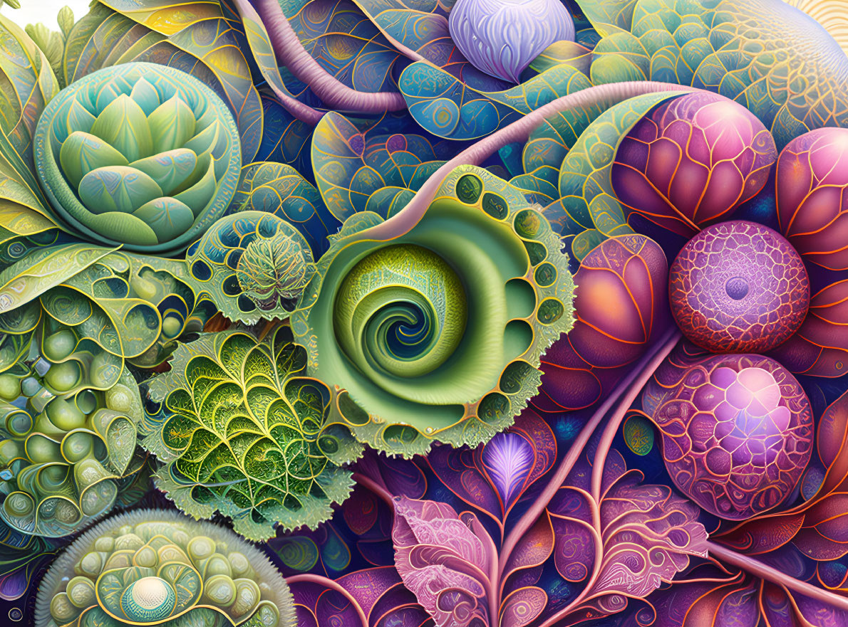 Colorful digital artwork featuring stylized botanical elements and spiral patterns