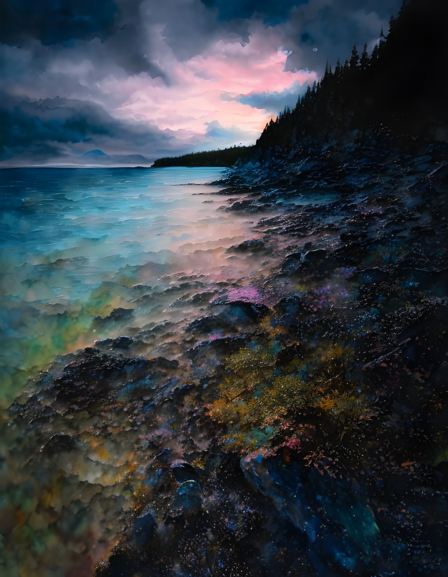 Colorful Sunset Reflecting on Rocky Shore with Cloudy Sky