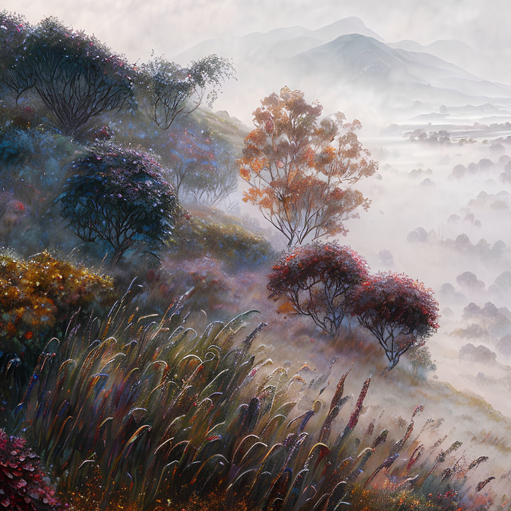 Misty hills, colorful foliage, and tall grasses in serene landscape