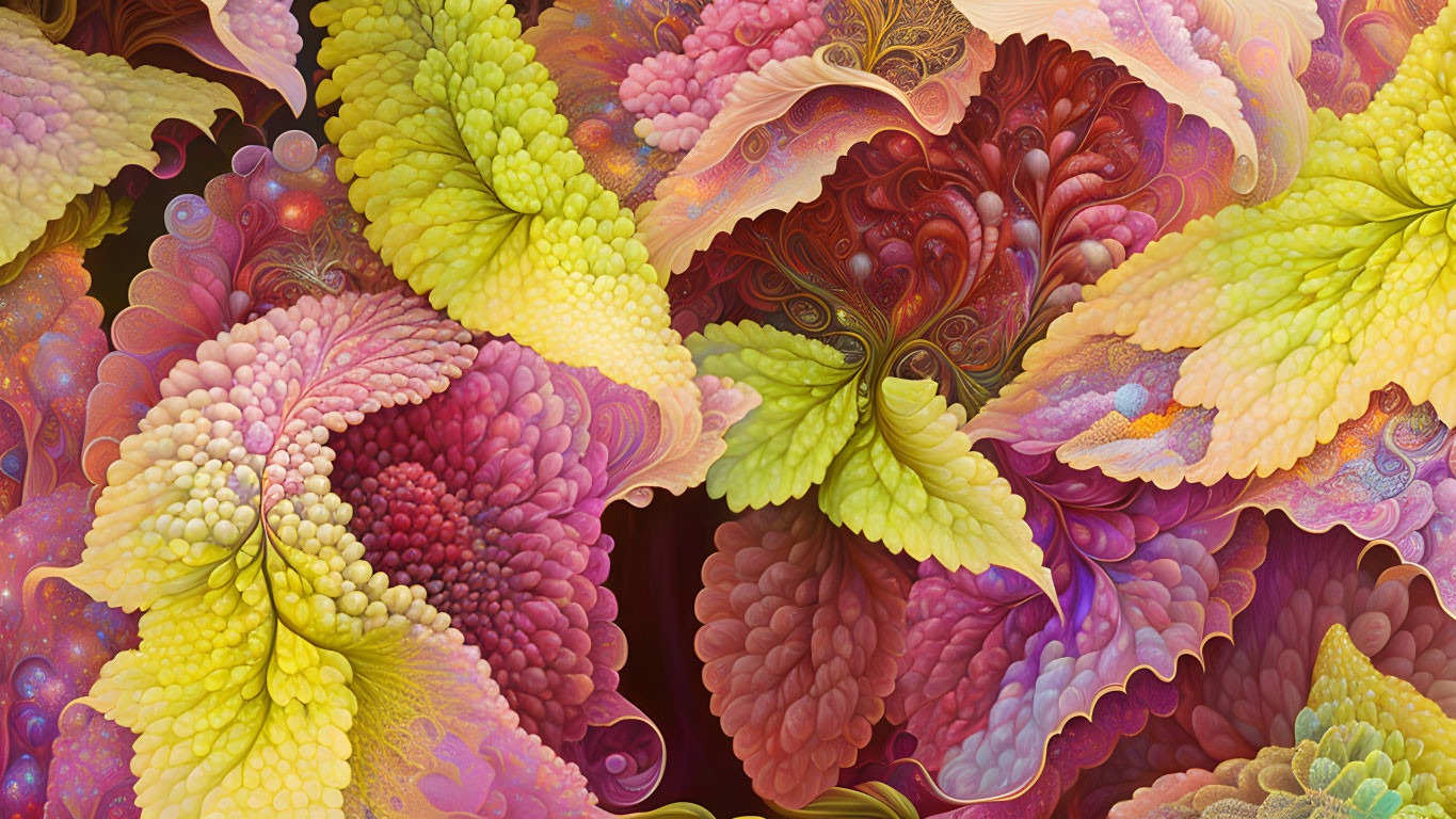 Colorful digital artwork: Leaf-like patterns and fractal designs in yellow, pink, purple, and
