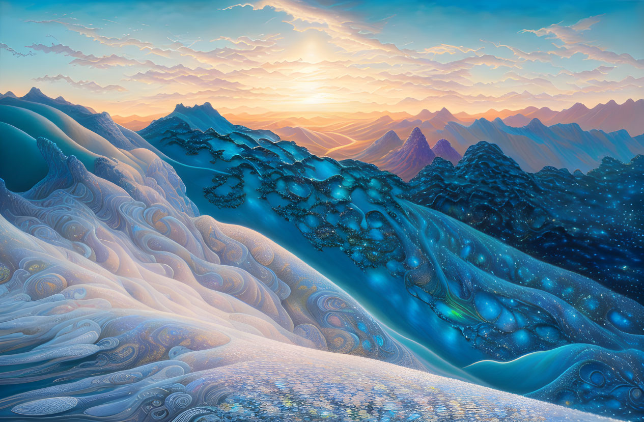 Surreal landscape with rolling hills transitioning from icy blue to warm sunset hues
