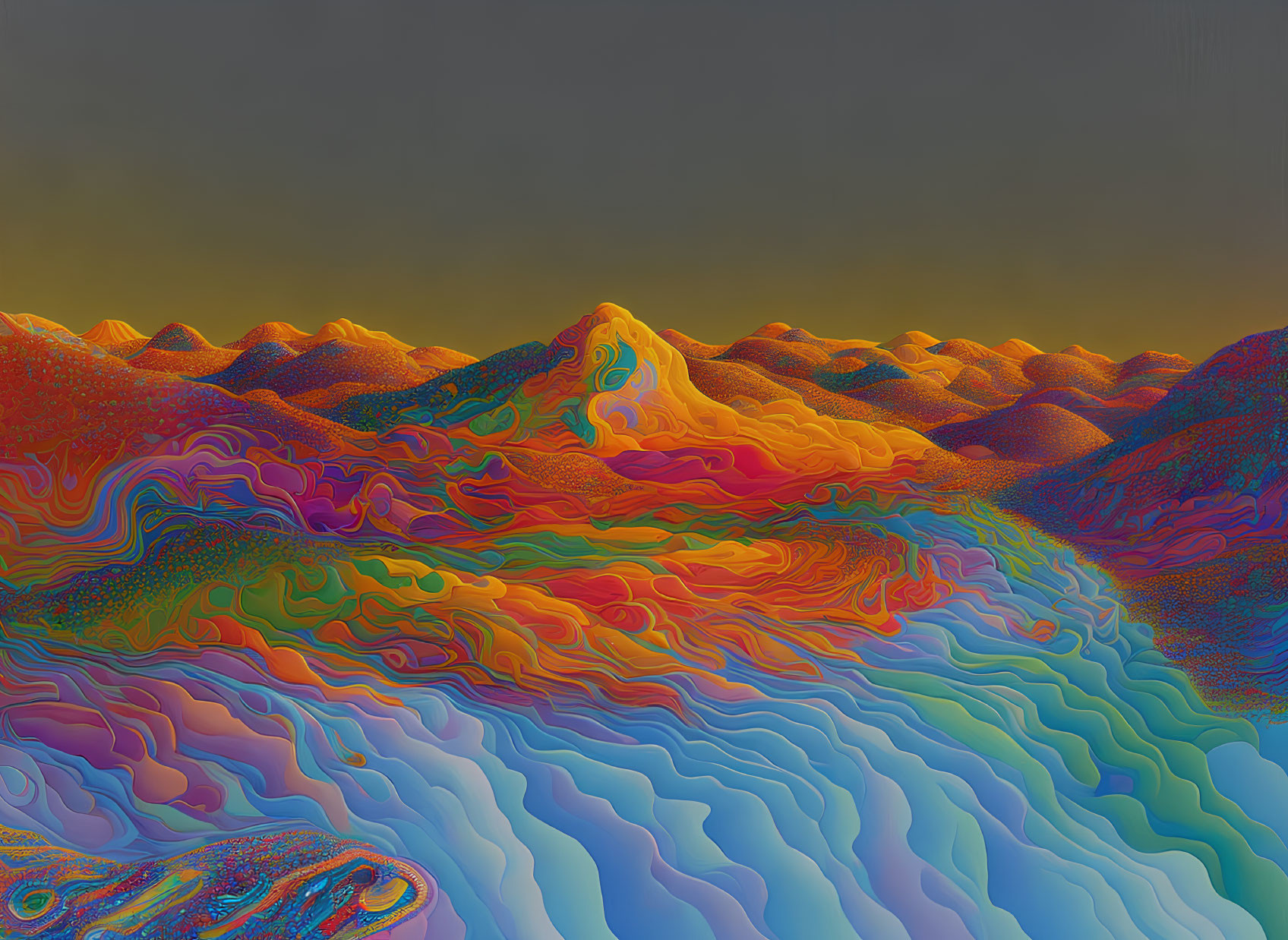 Colorful Psychedelic Landscape with Undulating Hills in Spectrum