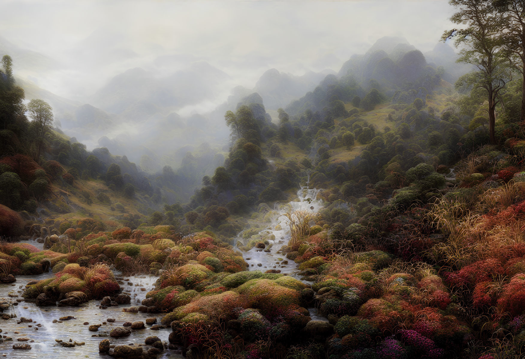 Tranquil landscape with misty hills, stream, and vibrant foliage