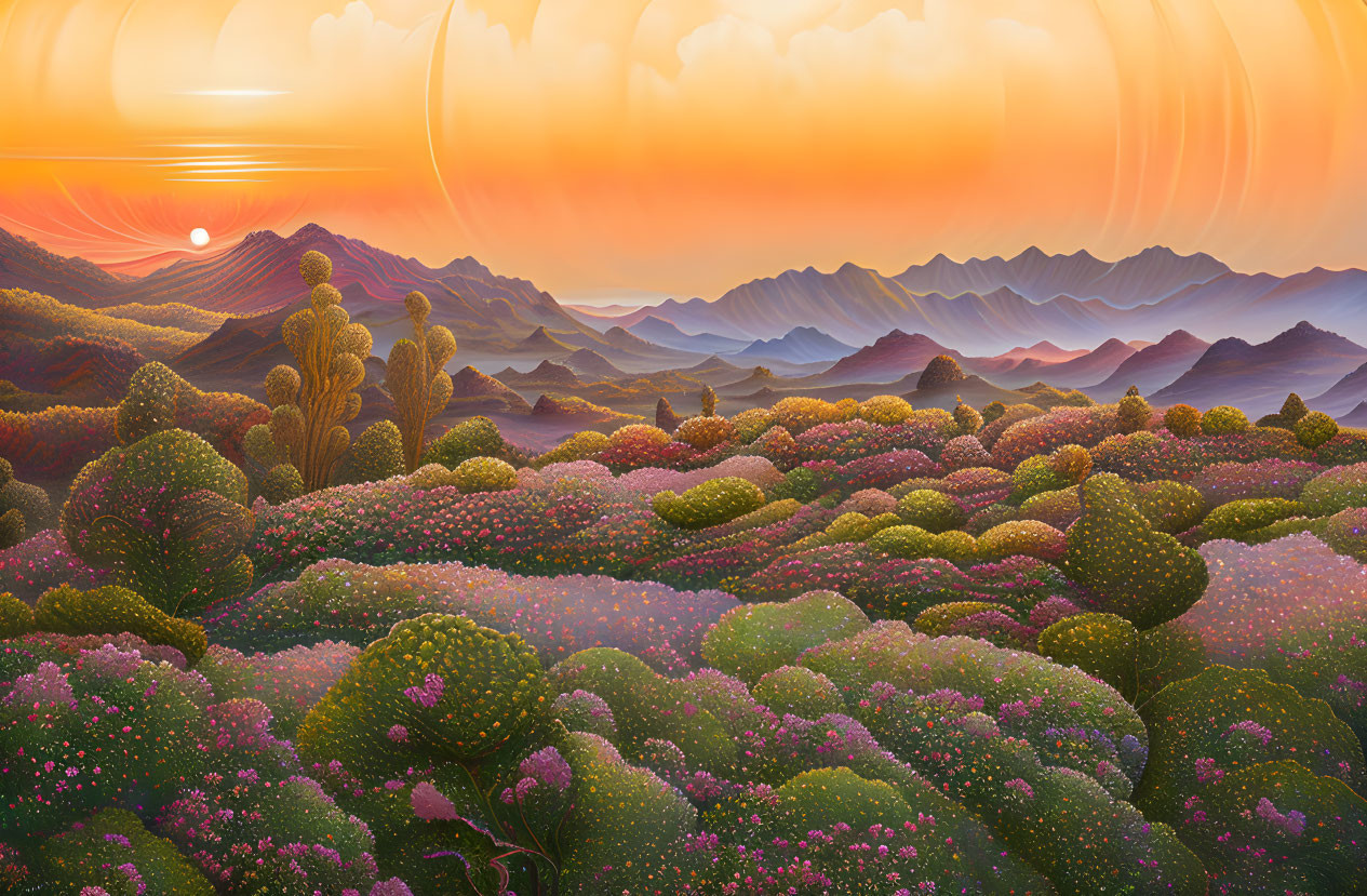 Colorful flower and cacti landscape with mountains under warm sunset.