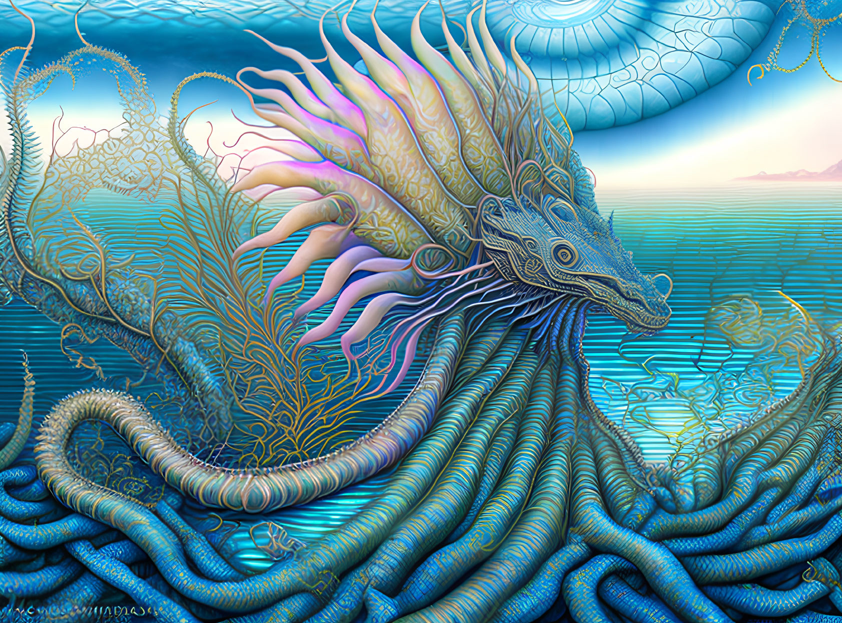 Colorful Mythological Sea Dragon Illustration in Oceanic Setting
