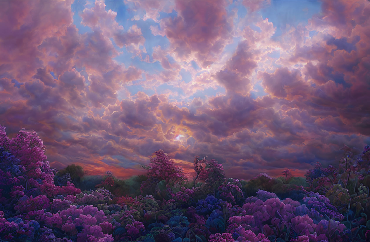 Colorful surreal landscape with lush flora and dramatic sky.