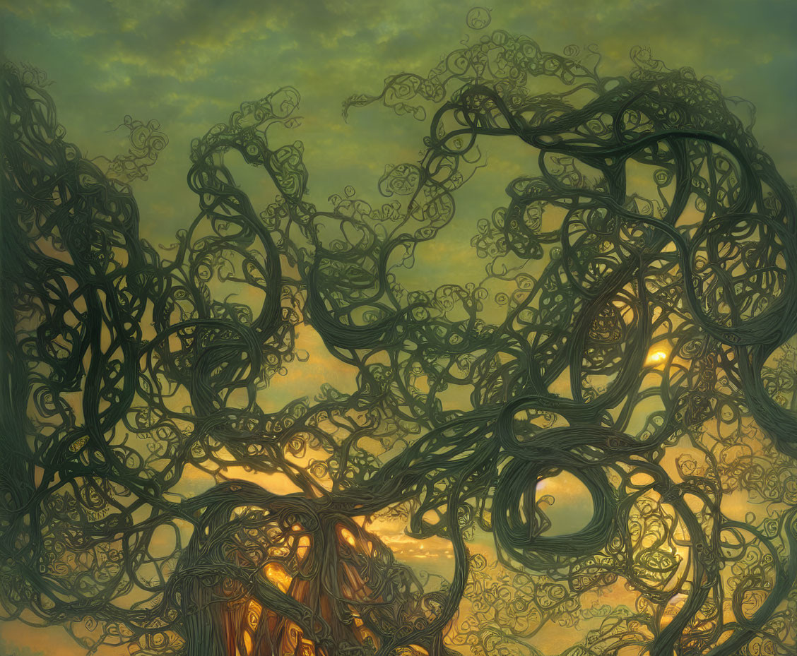 Fantasy-inspired image of ornate vines against a mystical sky