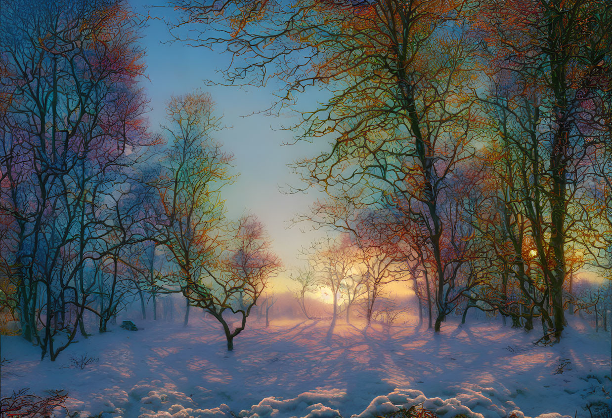Snow-covered Winter Scene: Sunrise Shadows & Glowing Sky