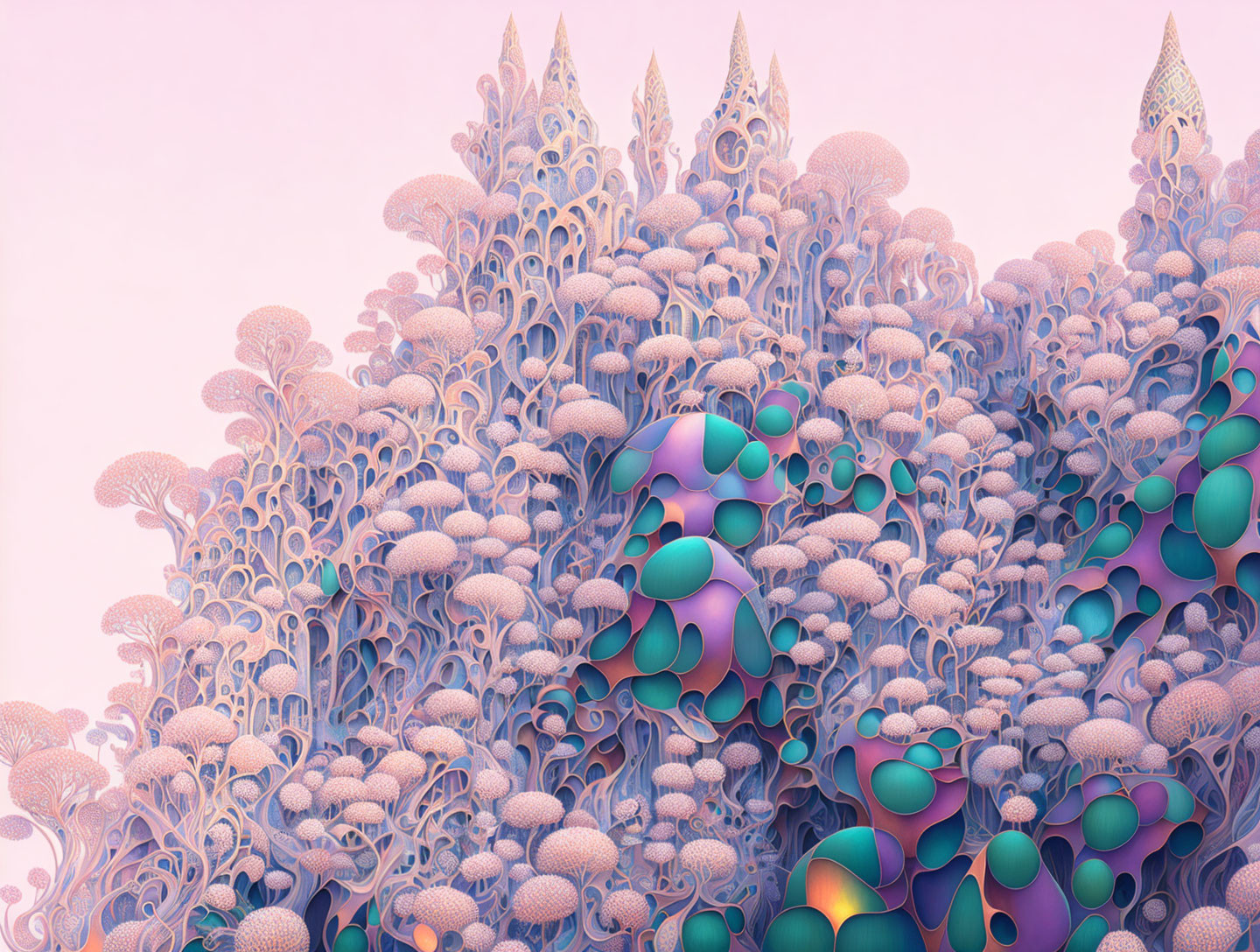 Fractal-like Coral Formations in Pastel Pink and Blue-Green Palette