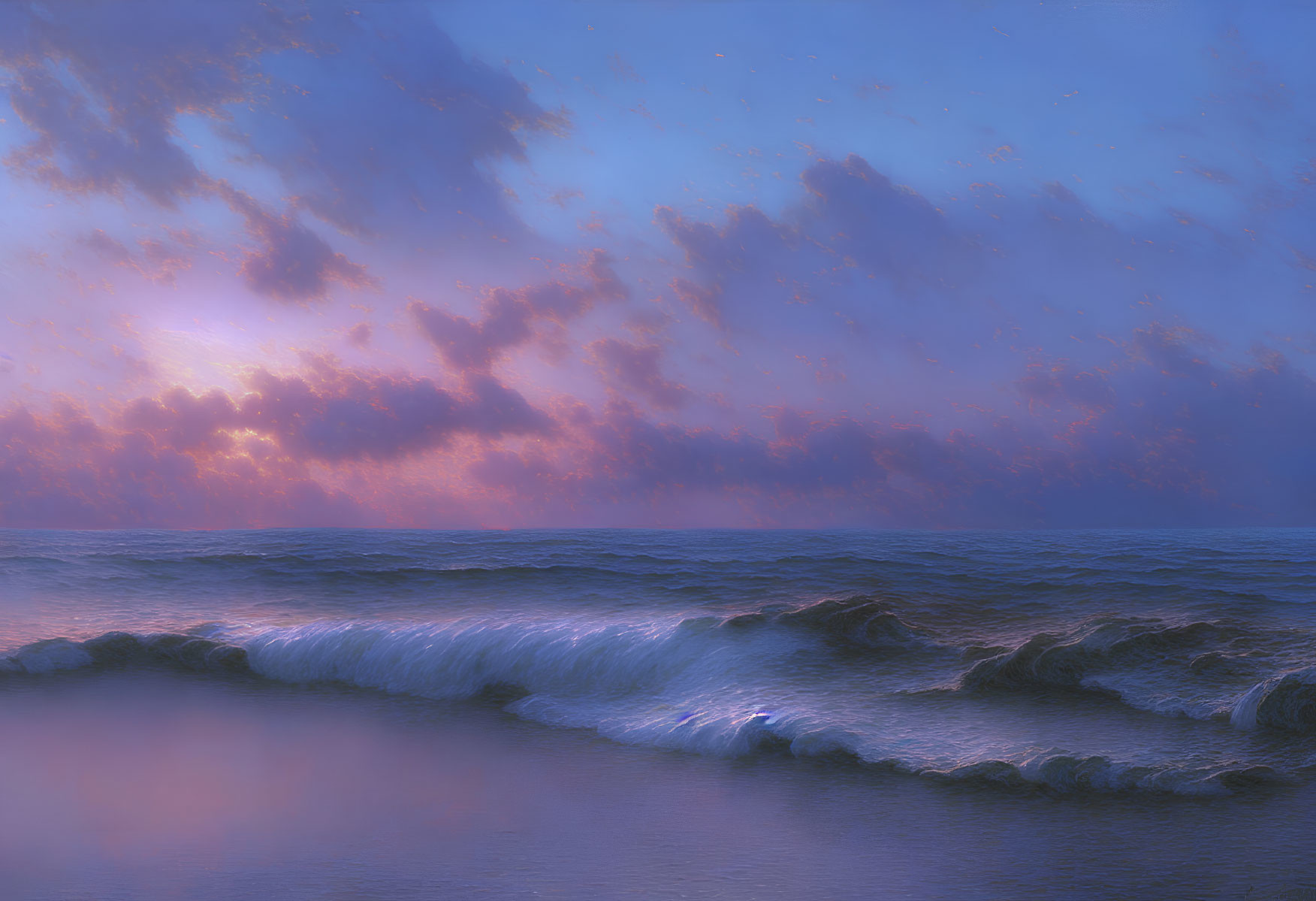 Tranquil Dawn Seascape with Pink Sky and Rolling Waves