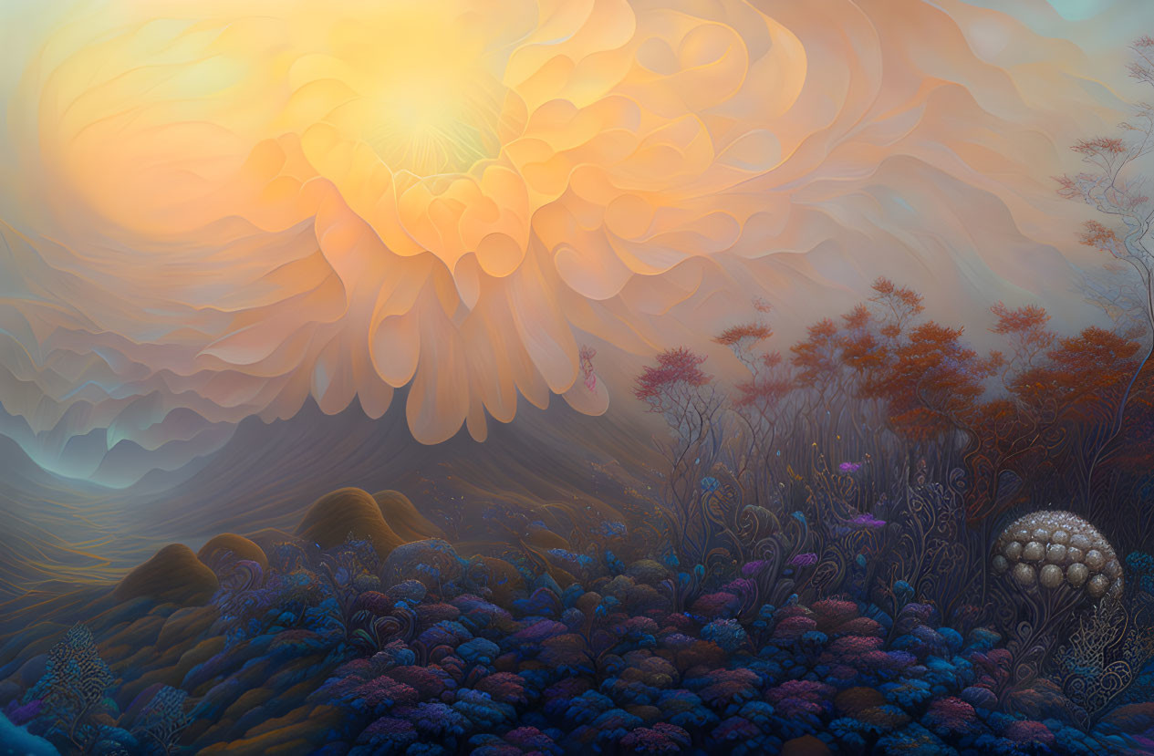 Vibrant surreal landscape with colorful flora under a patterned sky