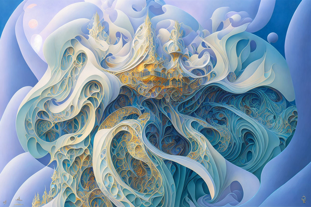 Surreal Fantasy Artwork: Swirling Cityscape with Golden Details