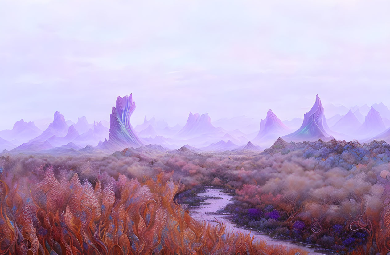 Purple mountain peaks, winding river, lush flora in a tranquil fantasy landscape
