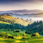 Tranquil landscape with green hills, forests, and sunrise