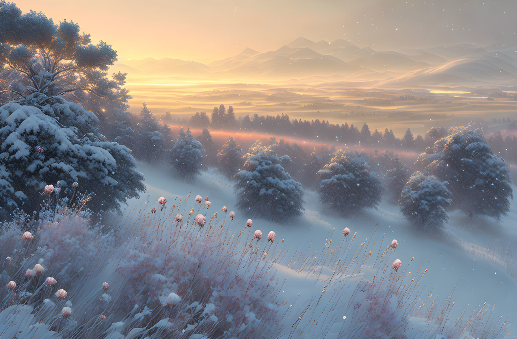 Snow-covered winter landscape at dawn with frosted plants and hills under softly lit sky