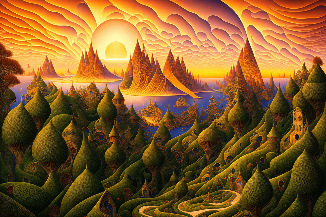 Surreal landscape with undulating hills and stylized trees