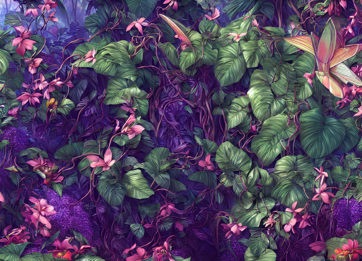 Colorful jungle scene with lush green leaves and pink flowers