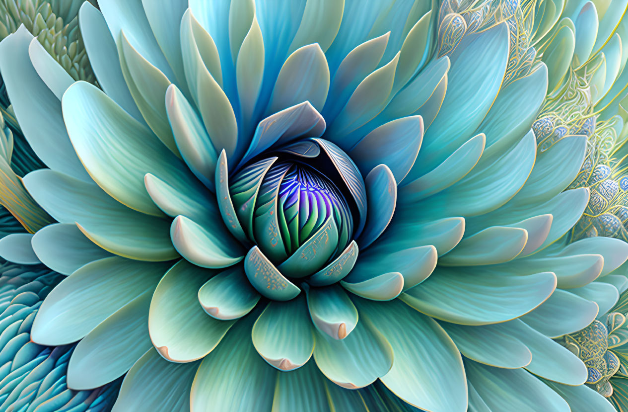 Fractal flower digital art with blue and teal hues
