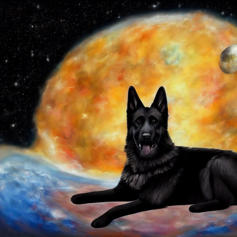 Black German Shepherd with glowing planet backdrop