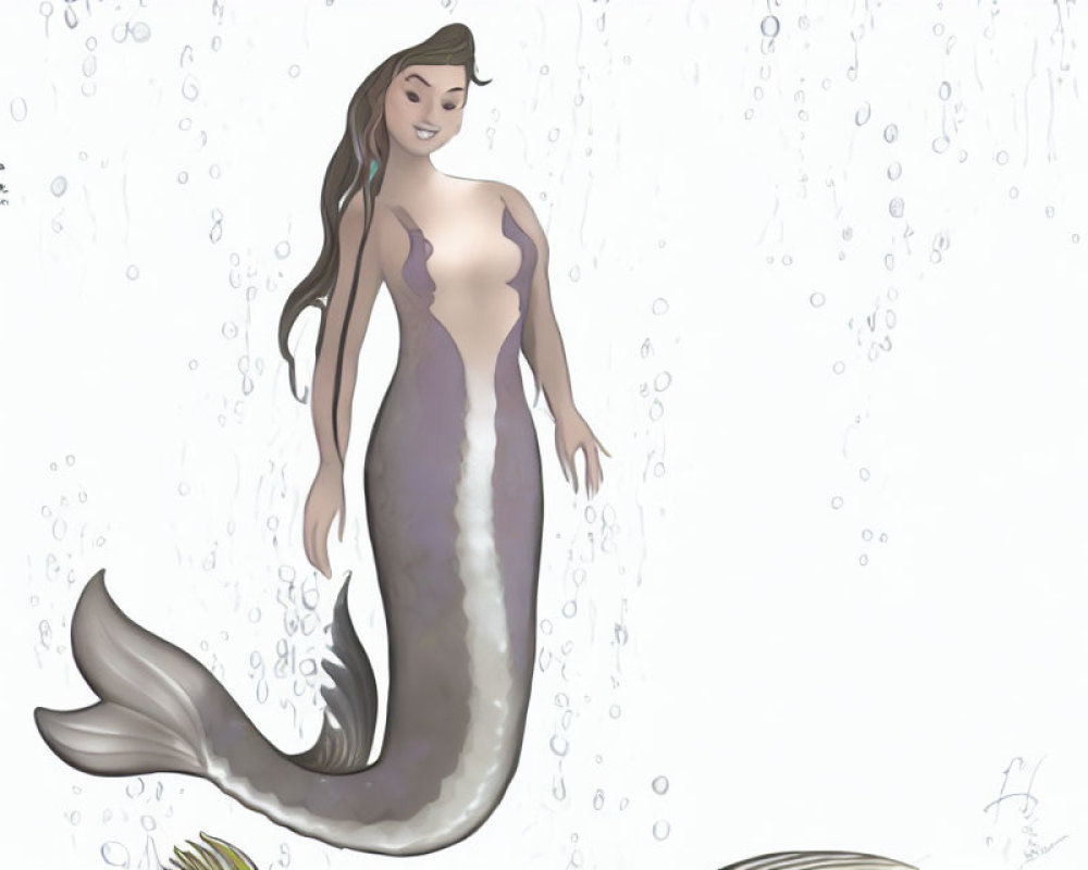 Smiling mermaid with long hair and shimmering tail underwater