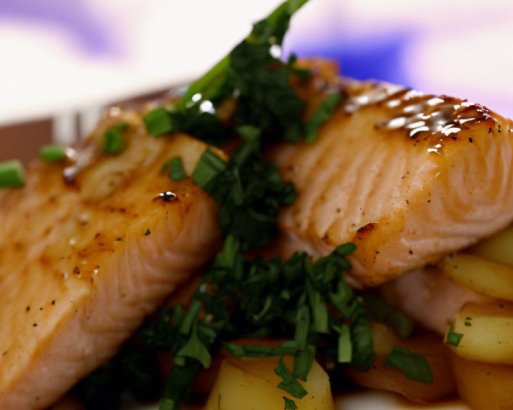 Fresh Grilled Salmon Fillets with Herbs, Sesame Seeds, and Diced Potatoes