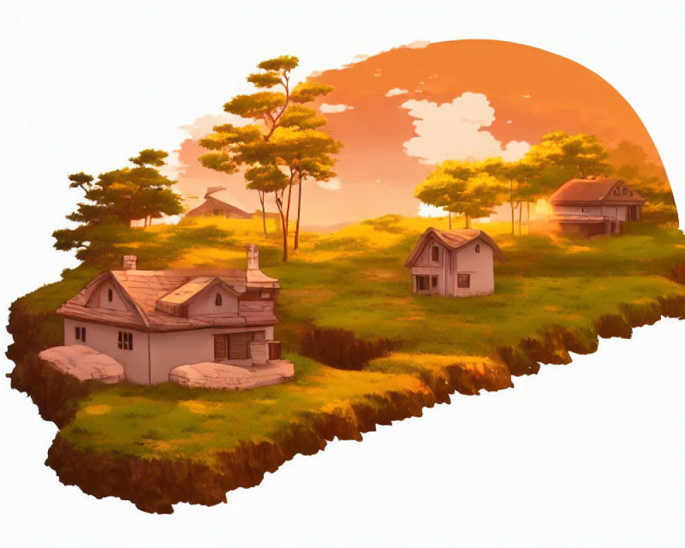 Floating landmass with rustic houses under orange sunset sky