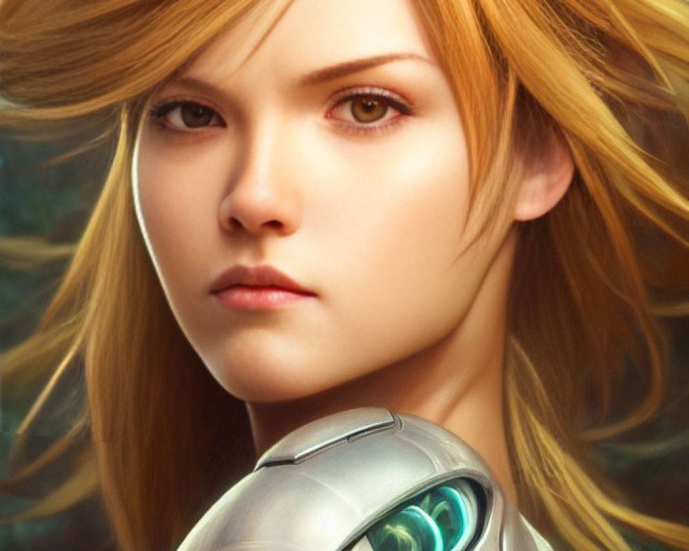 Blonde woman in futuristic armor with intense gaze