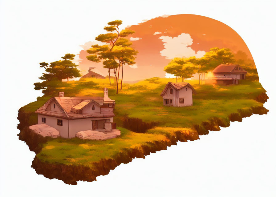 Floating landmass with rustic houses under orange sunset sky