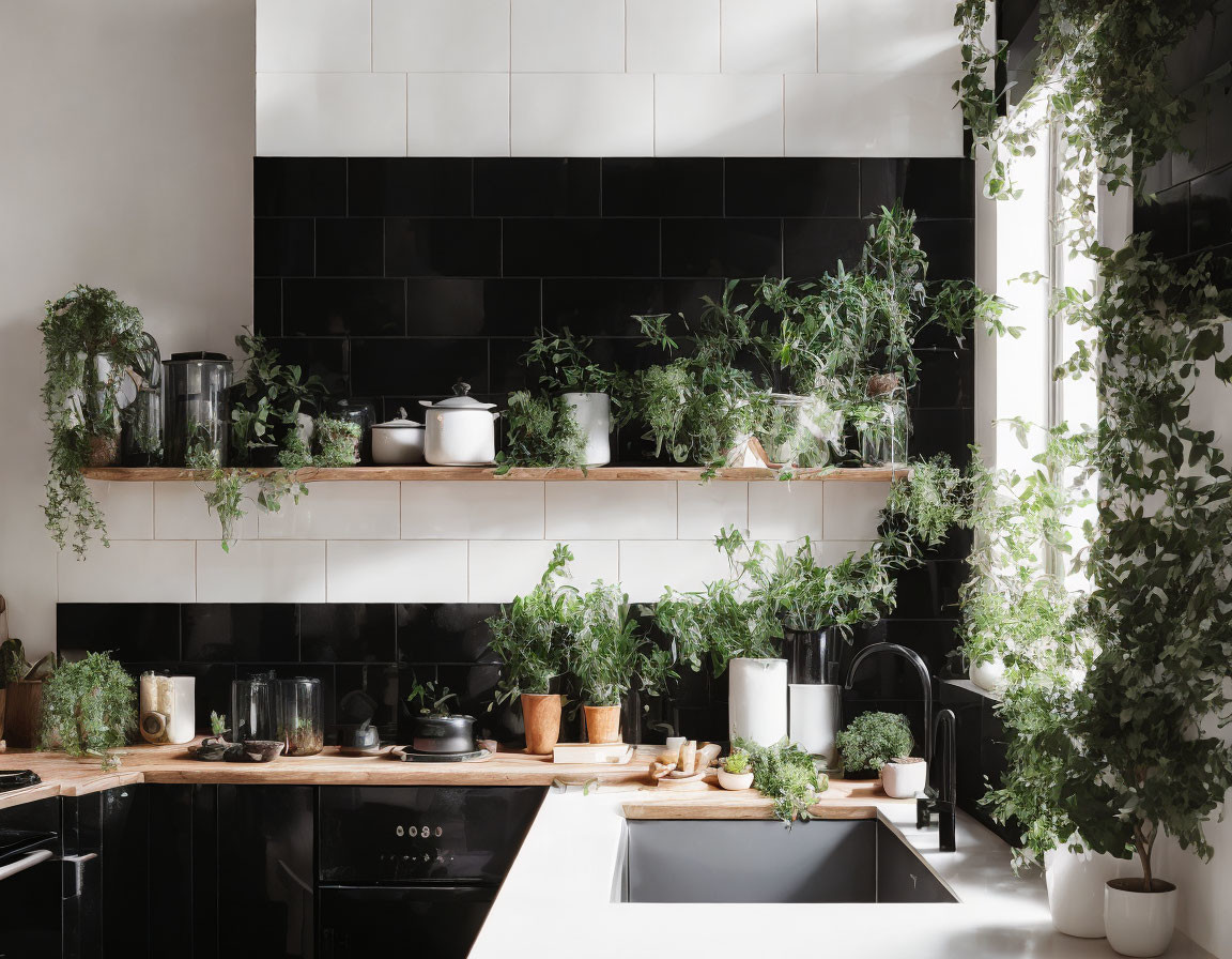 Black tiled kitchen with herbs