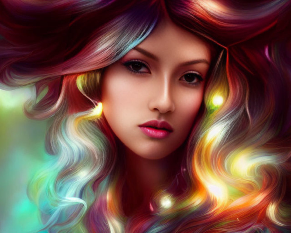 Colorful digital portrait of a woman with flowing hair and captivating eyes