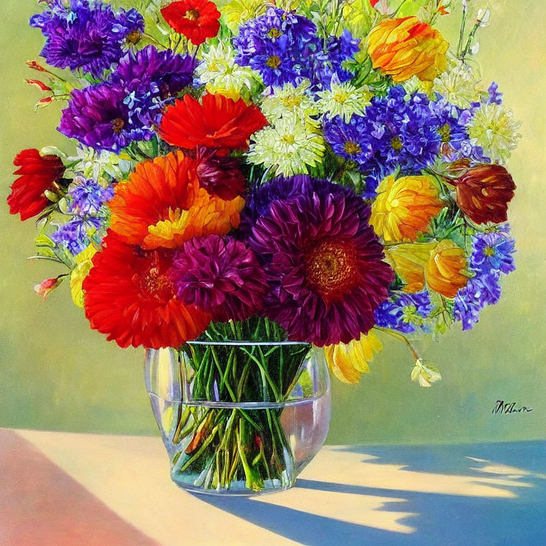 Multicolored Flower Bouquet in Clear Glass Vase on Warm Background