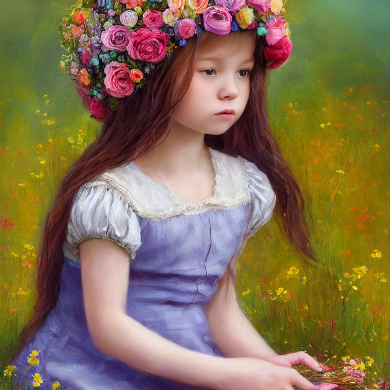 Young girl with long hair in floral wreath sitting in colorful meadow