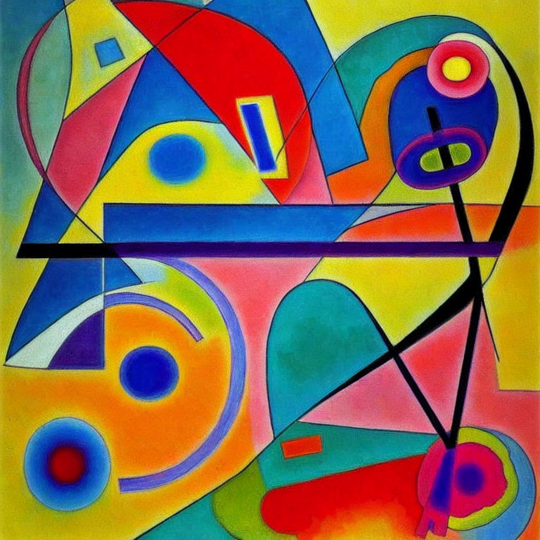 Colorful Abstract Geometric Painting with Overlapping Shapes and Lines