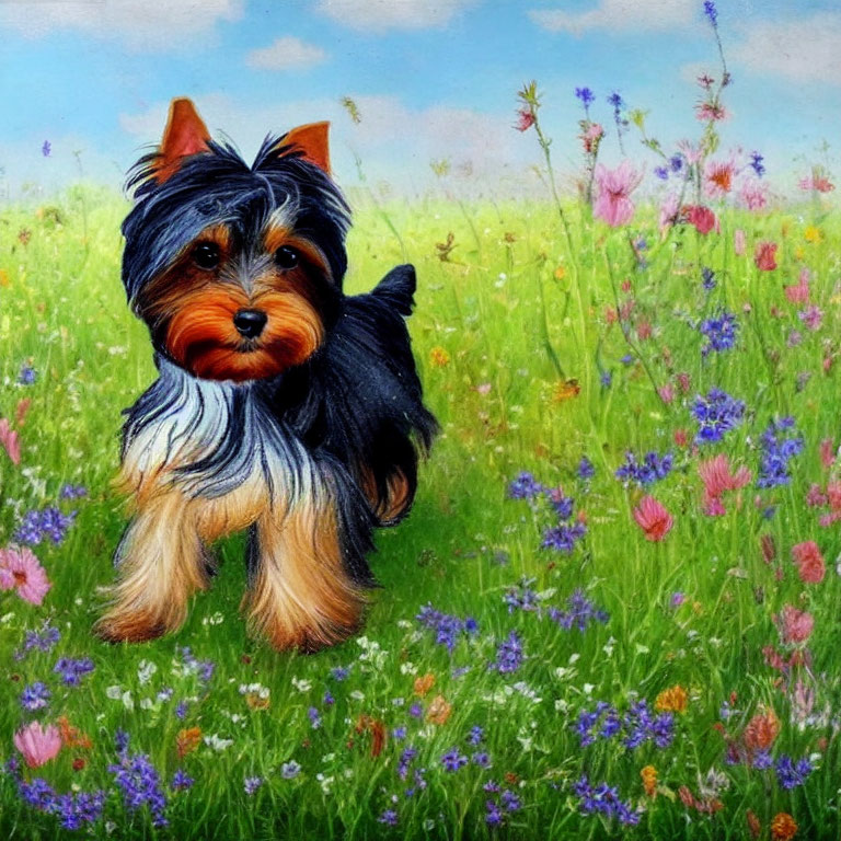 Small Yorkshire Terrier in Vibrant Wildflower Field