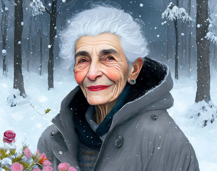Elderly woman with white hair in gray coat in snowy forest