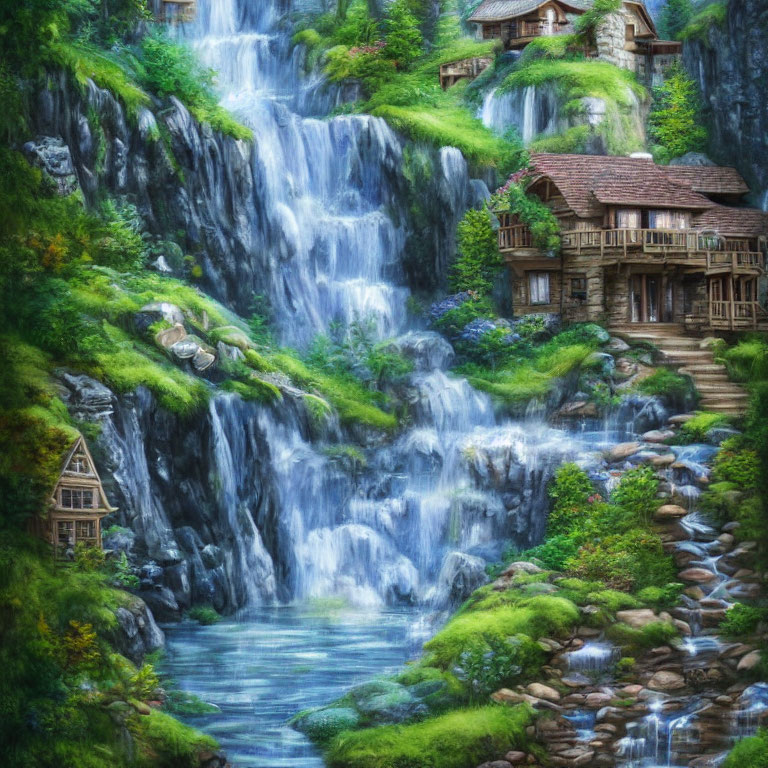 Tranquil landscape: waterfall, greenery, wooden houses