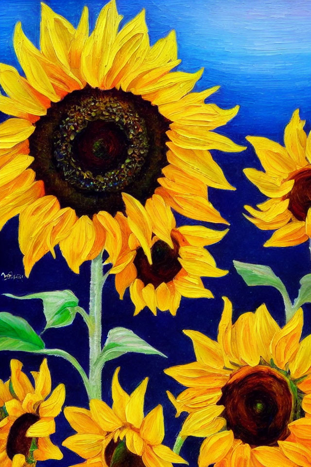 Colorful Sunflower Painting on Blue Background with Textured Brushstrokes