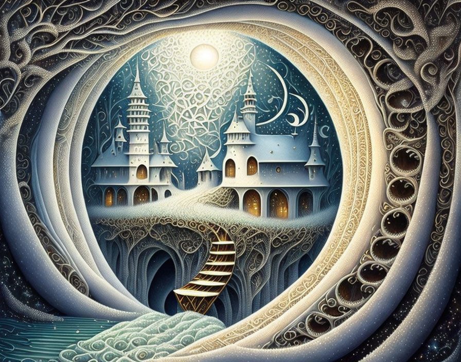 Moonlit Castle Illustration with Swirling Patterns and Ocean Waves