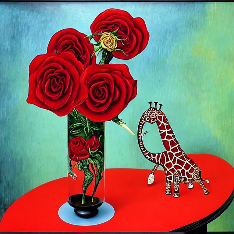Colorful painting of oversized red roses, white giraffe figurine, and circular red table.