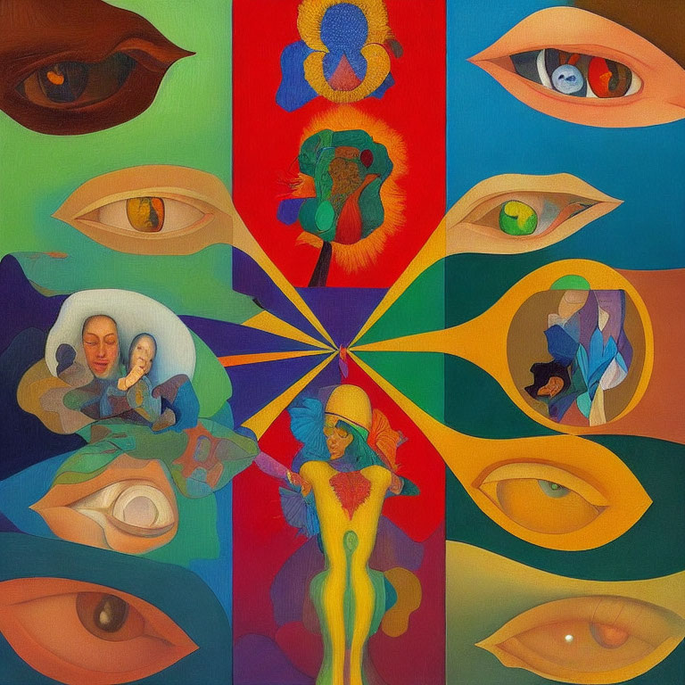 Abstract painting with eyes, human figures, and organic shapes in vivid colors