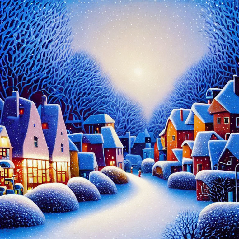 Snow-covered village at twilight with illuminated houses and serene wintry landscape