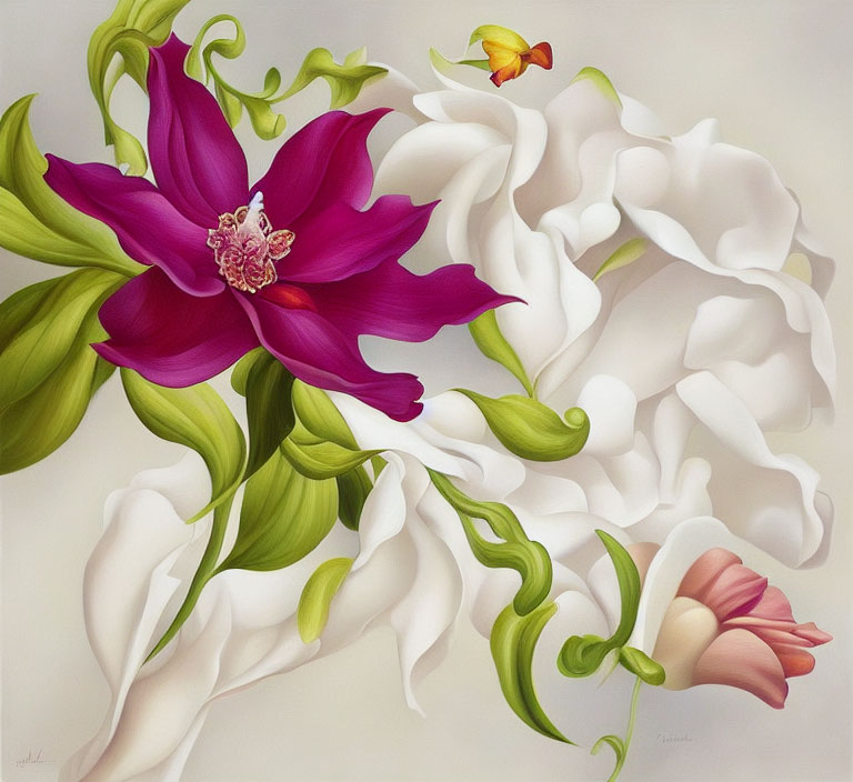 Colorful painting featuring purple and green flower alongside abstract white floral form