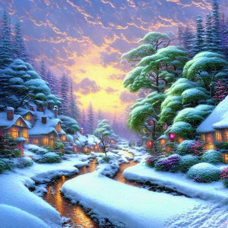 Scenic snow-covered village at sunset by a river