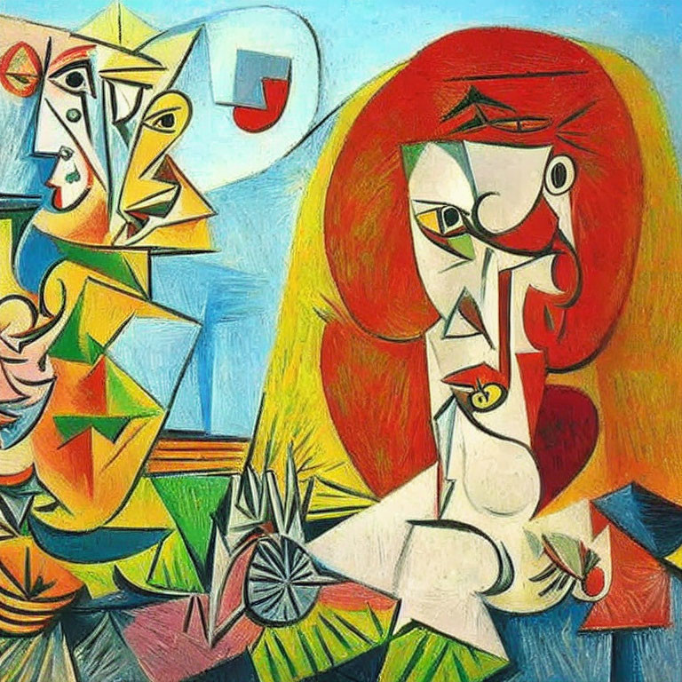 Vibrant cubist artwork featuring abstract female figures and geometric shapes