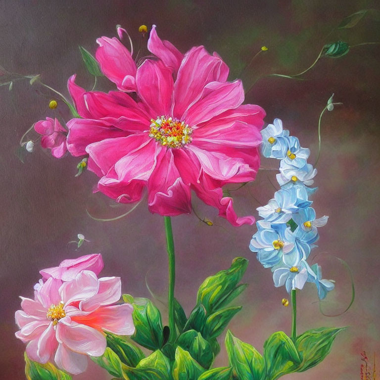 Colorful painting of large pink flower with smaller blossom and blue stalk on moody background