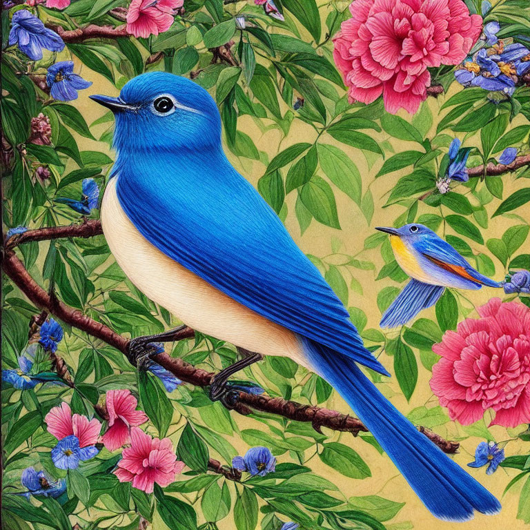 Colorful Bird Illustration with Pink Flowers and Foliage