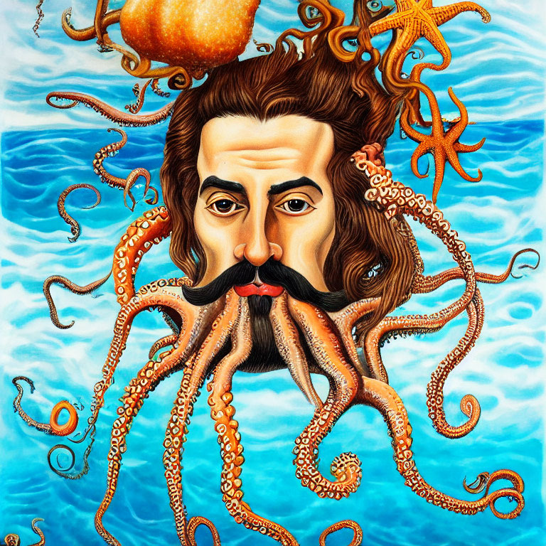 Surreal painting: man with octopus body in sea motif