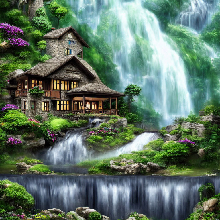 Stone house with wooden balcony near waterfall and lush greenery