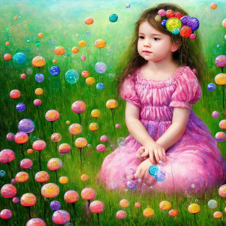 Young girl in pink dress with floral headband in grassy field with colorful bubbles